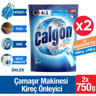 Calgon Ultra Konsantre 4ü1 Arada Toz 2 x 750 gr Türkiye Menşeli Kir, Pas, Kireç ve Koku