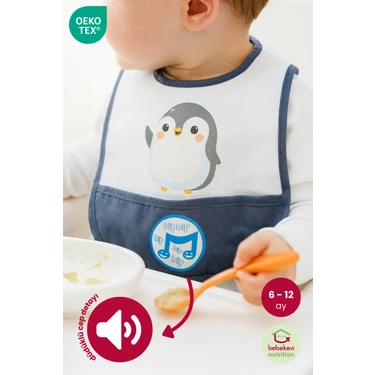 Bebekevi Düdüklü Cepli Sıvama Mama Önlüğü - Minik Penguen Erkek Bebek