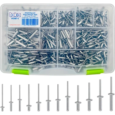 Toko Hobi-4 Alüminyum Pop Perçin Seti 411 Parça 13 Çeşit Organizer Takım