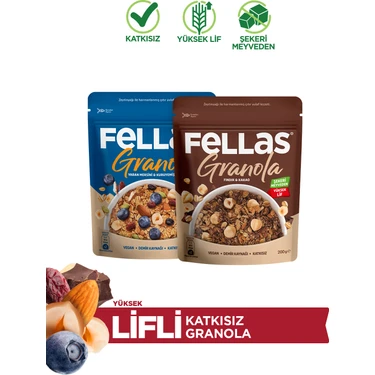 Fellas Granola 2'li Mix Paket - Yaban Mersini & Kuruyemişli (200 g) + Fındık & Kakaolu (200