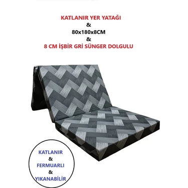 Katlanır Yer Yatağı Tek Kişilik Sünger Katlanır Yatak 80X180 cm 8 cm Gri Kalın Sünger