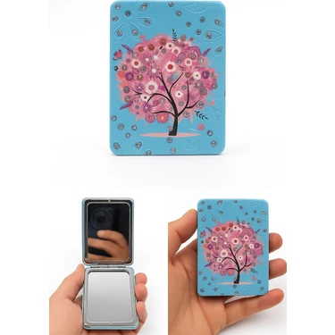 Sevgi Ağacı Tasarımlı Simli Büyüteçli Pratik Mini Cep Çanta Makyaj Aynası