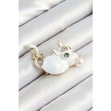 Pileli Store Zirkon Taşlı Inci Detaylı Beyaz 3D Kedi Figürlü Gold Renk Kadın