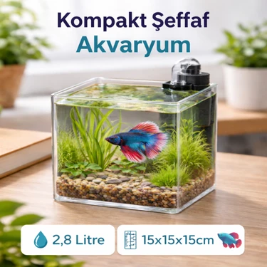 Melkan Home Kristal Şeffaf Nano Akvaryum Küpü 2,8 Litre – 15X15X15 cm Mini Betta ve Karides