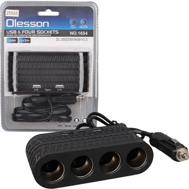 Olesson 1654 12-24V Çift USB - Type-C 120W 80CM Kablolu 4'lü Araç Çakmak