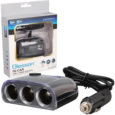 Olesson 1505 12-24V Çift USB Girişli 120W 80CM Kablolu 3'lü Araç Çakmak