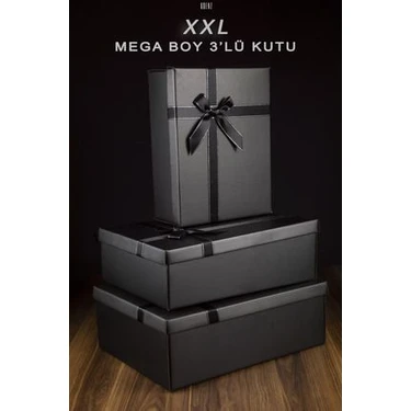 Adenz Siyah XXL 3'lü Hediye Kutusu Seti 44x34x15 41x31x13 35x27x12 Gümüş Simli