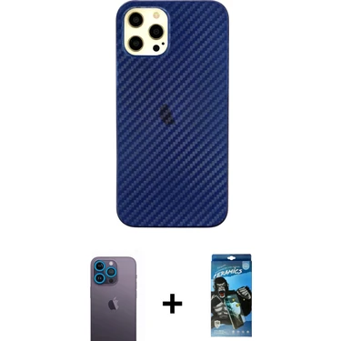 iPhone 12 Pro Max Nova Çizgi - Siyah 34D Izgaralı Cam + Mavi Neon Fosforlu Kamera